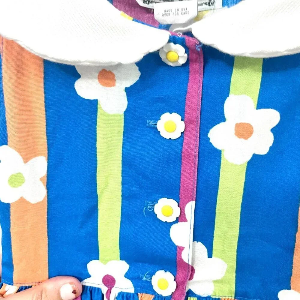 Catherine Rebecca Vintage Blue Colorful Collared Daisy Dress Size 6